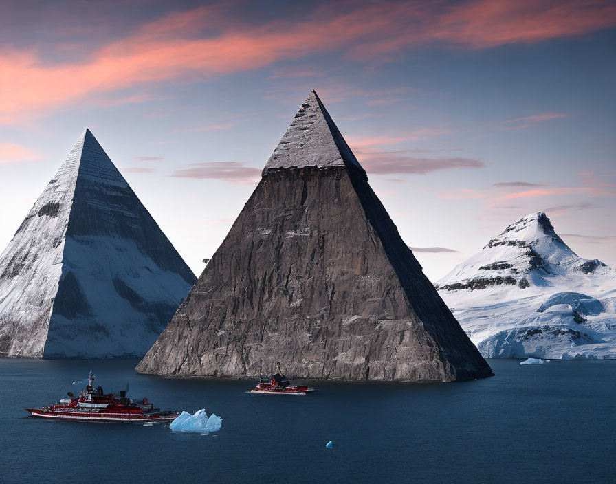 Mountain Peaks Over Serene Sea with Boats and Icebergs