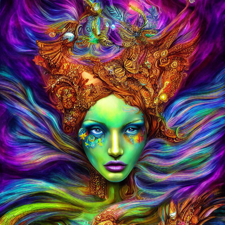 Colorful digital artwork featuring woman with blue skin and intricate golden headdress