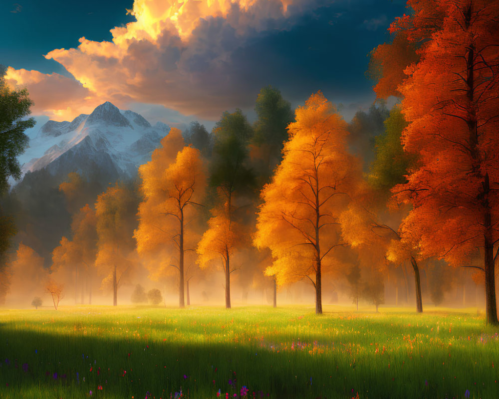 Vibrant autumn landscape with orange trees, purple wildflowers, and snow-capped mountain.
