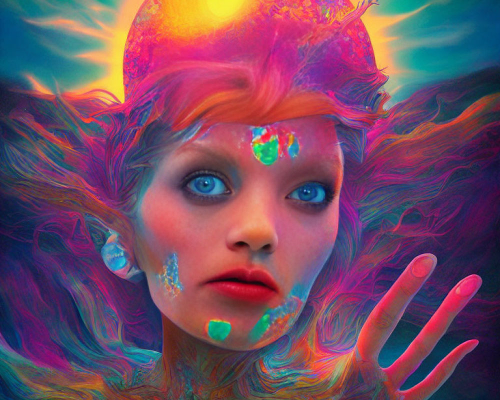 Colorful surreal portrait with glowing orb and raised hand