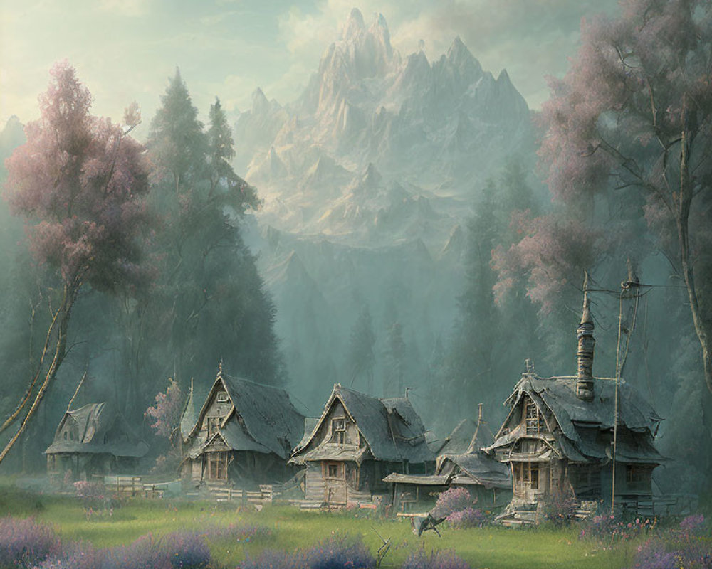Traditional wooden houses in serene village with lilac flowers and misty mountains