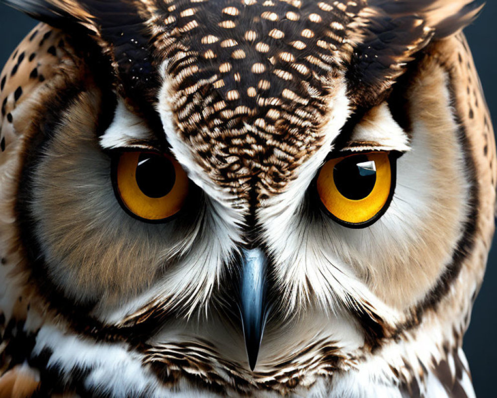Majestic owl with yellow eyes, brown and white feathers, and sharp beak