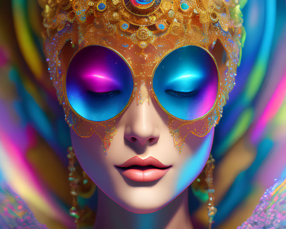 Intricate golden mask with jewels and peacock feathers in vibrant digital portrait