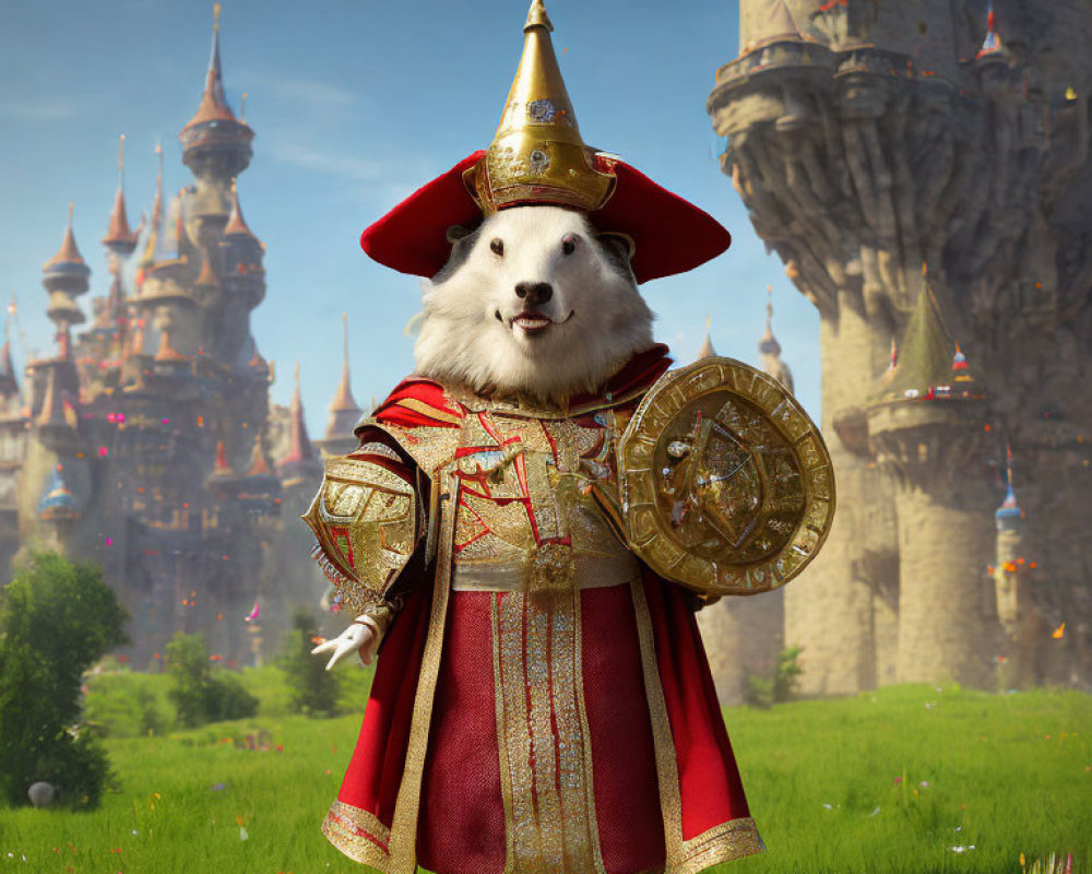 Whimsical guinea pig-headed character in red wizard attire with shield and wand by fantasy castle