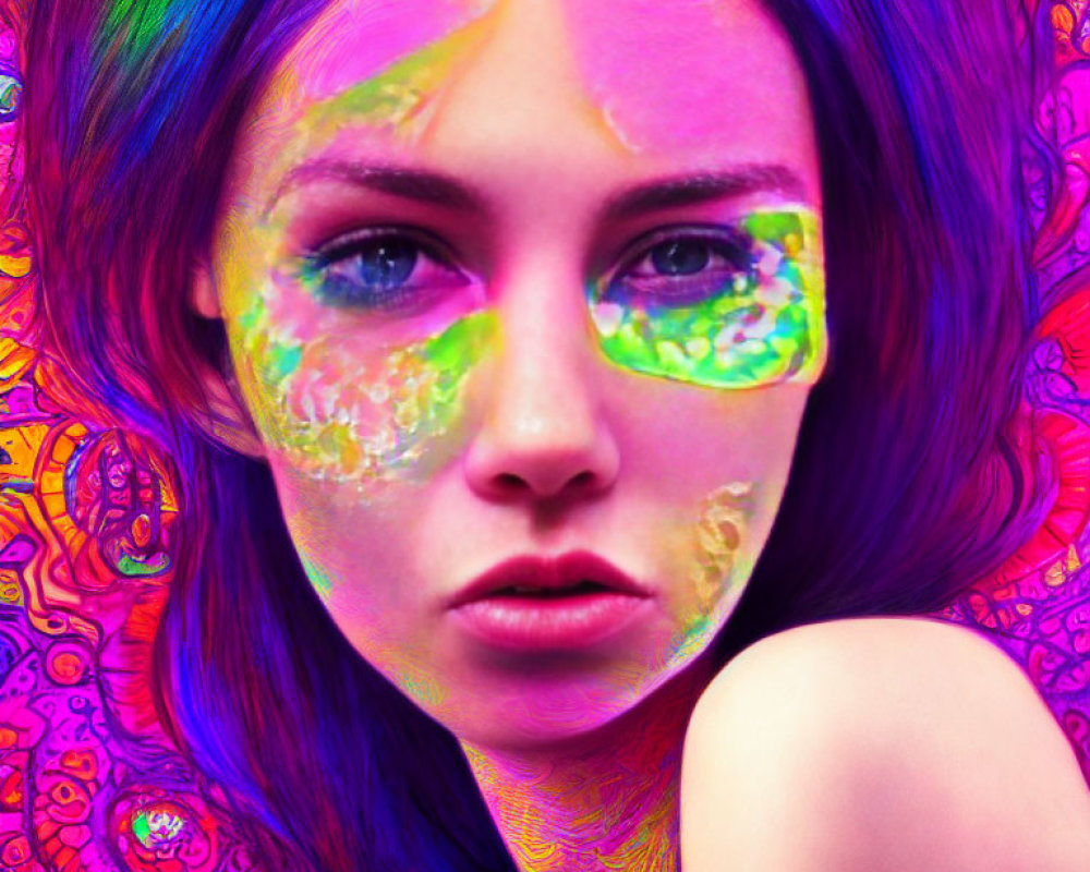 Colorful digital portrait of a woman with neon hair and paint-splattered face on psychedelic background