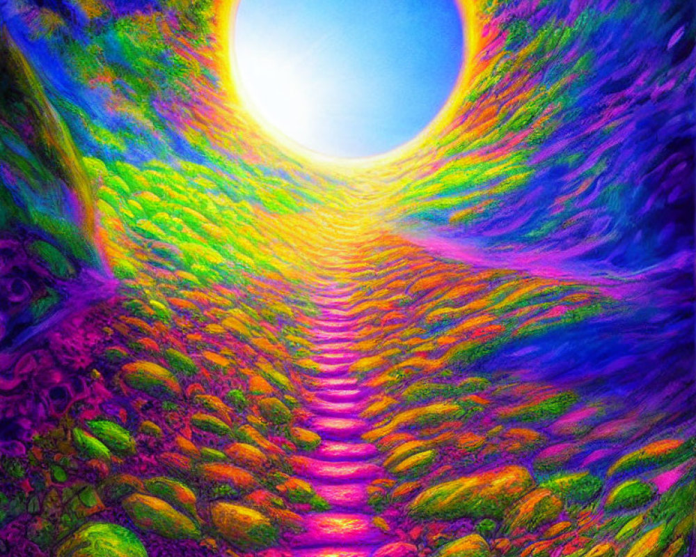 Colorful Psychedelic Path Towards Bright Sun Illustration