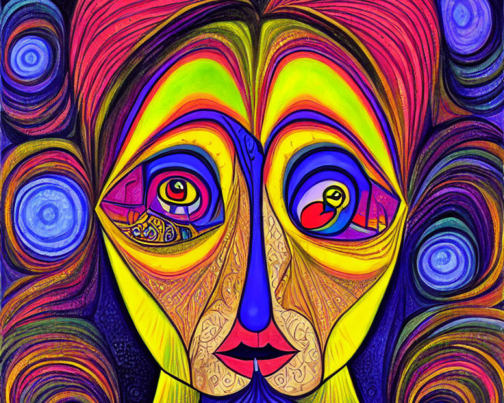 Colorful psychedelic portrait with abstract facial features and heart-shaped hair.