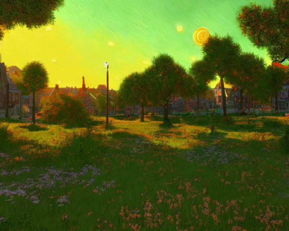 Colorful park scene with lush trees and swirling sky reminiscent of Van Gogh.