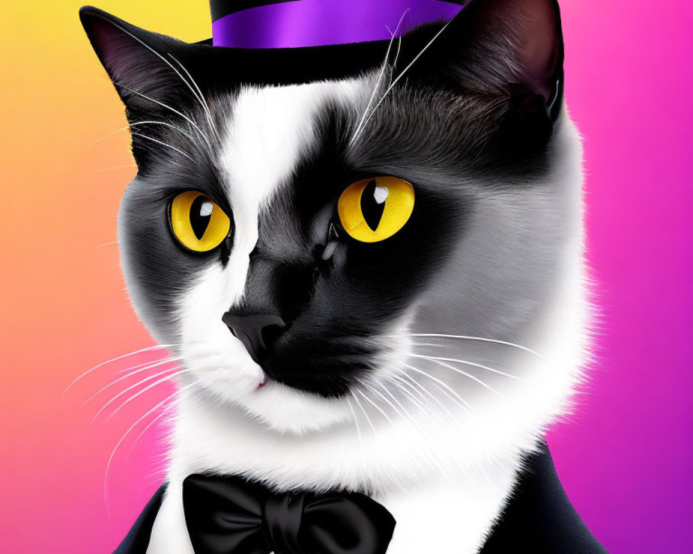 Stylized cat in formal attire with yellow eyes on colorful background