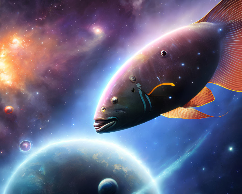 Colorful digital art: Large fish in cosmic scene