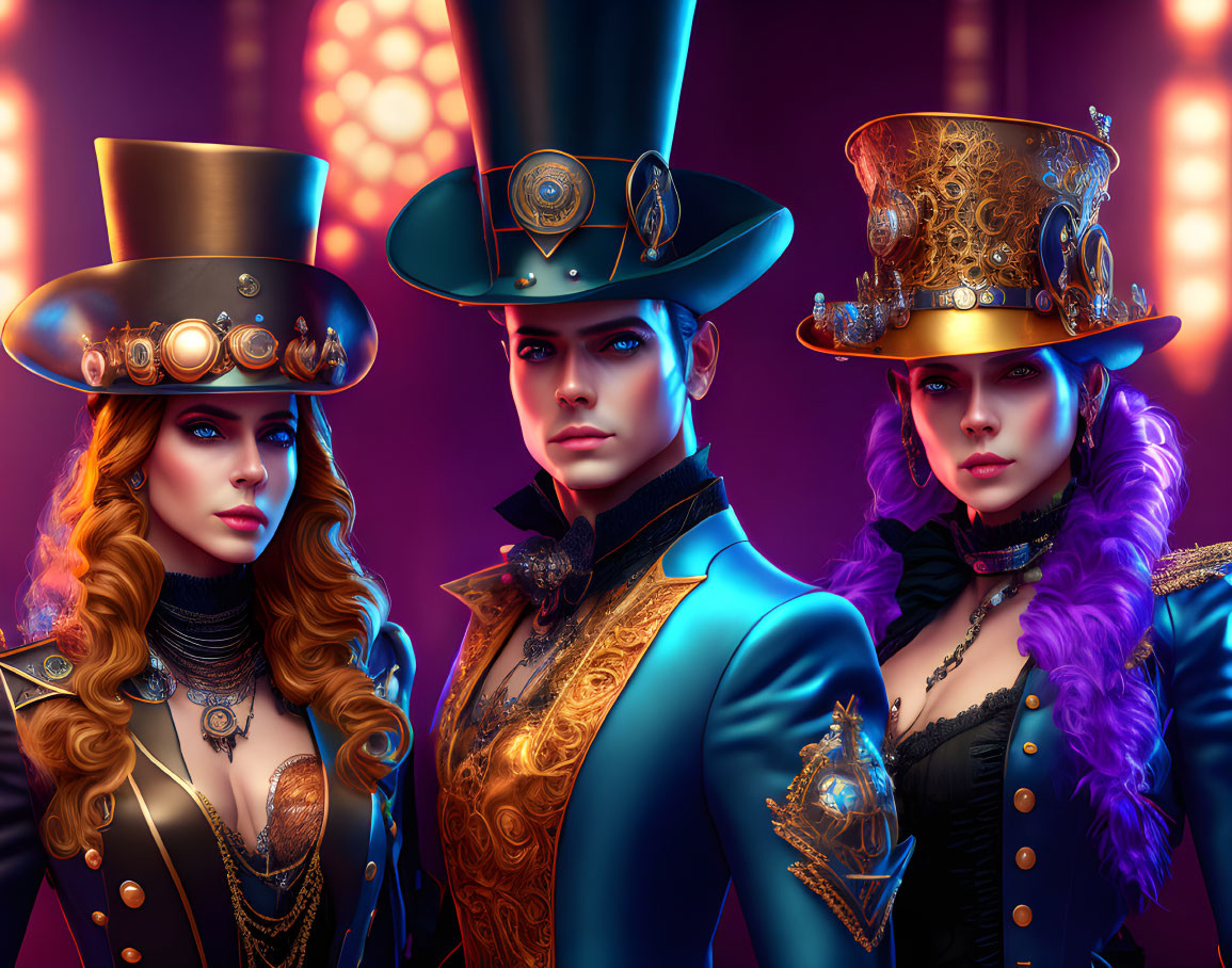 Three individuals in steampunk attire with top hats and goggles on purple backdrop