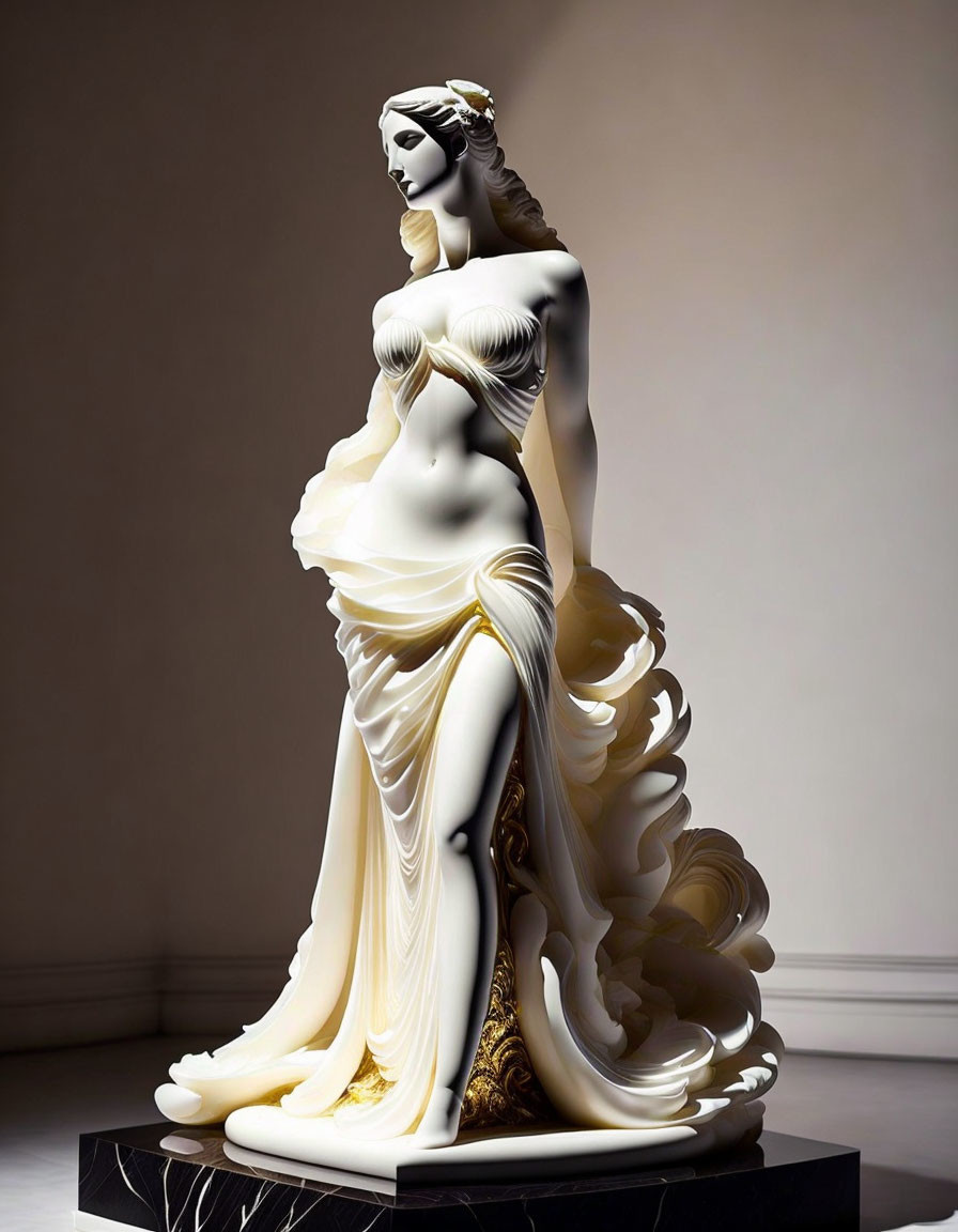 Classical-style statue of woman with draped garments and intricate hair sculpting next to wave motif