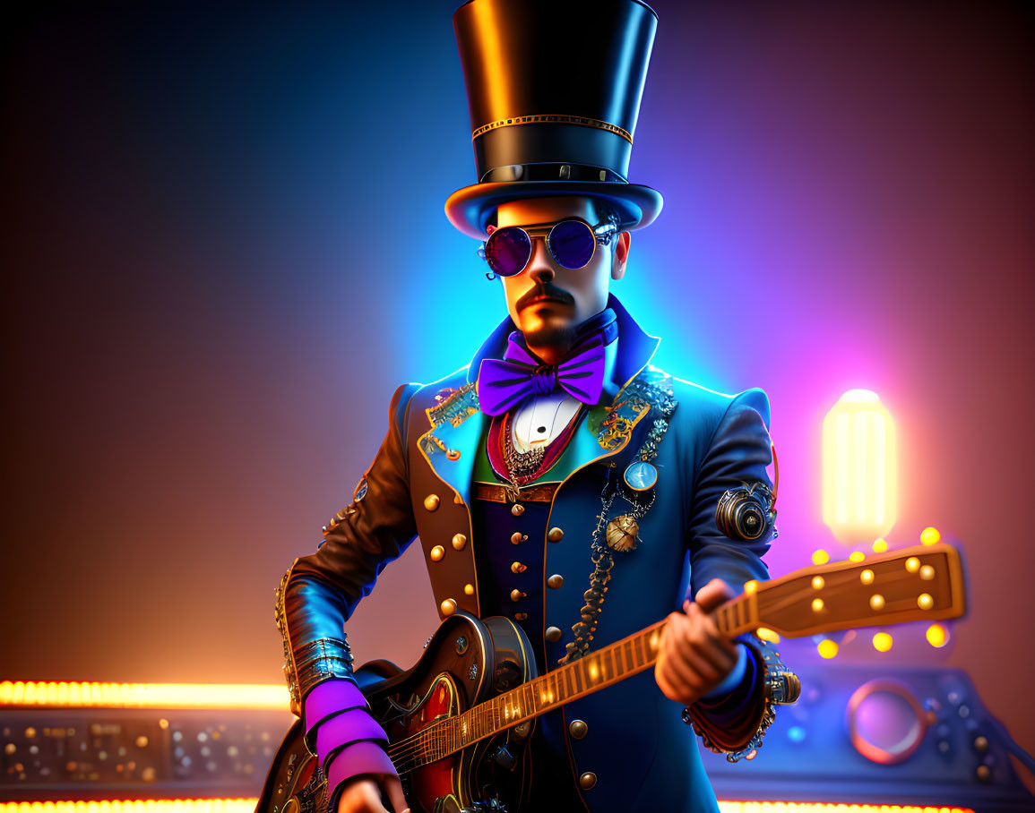 Stylized 3D character in musician attire with guitar on neon-lit backdrop