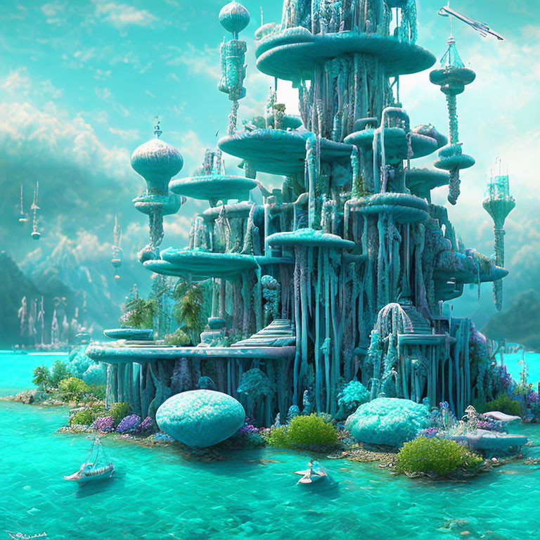 Turquoise-blue Fantasy Landscape with Mushroom-like Towers and Verdant Foliage