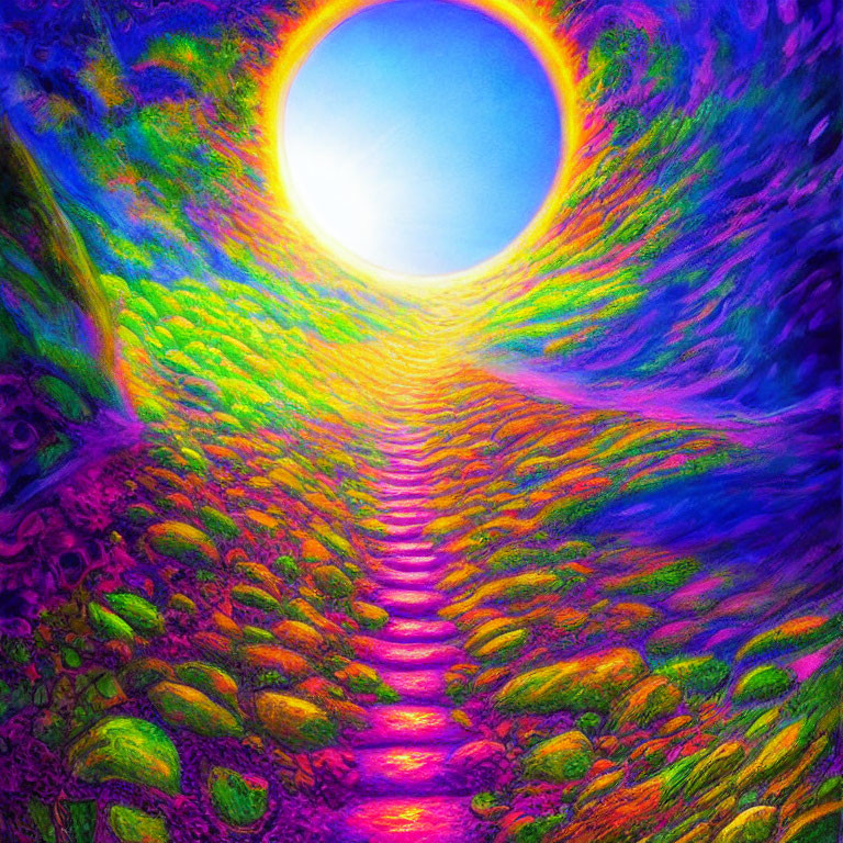 Colorful Psychedelic Path Towards Bright Sun Illustration