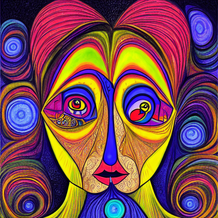 Colorful psychedelic portrait with abstract facial features and heart-shaped hair.