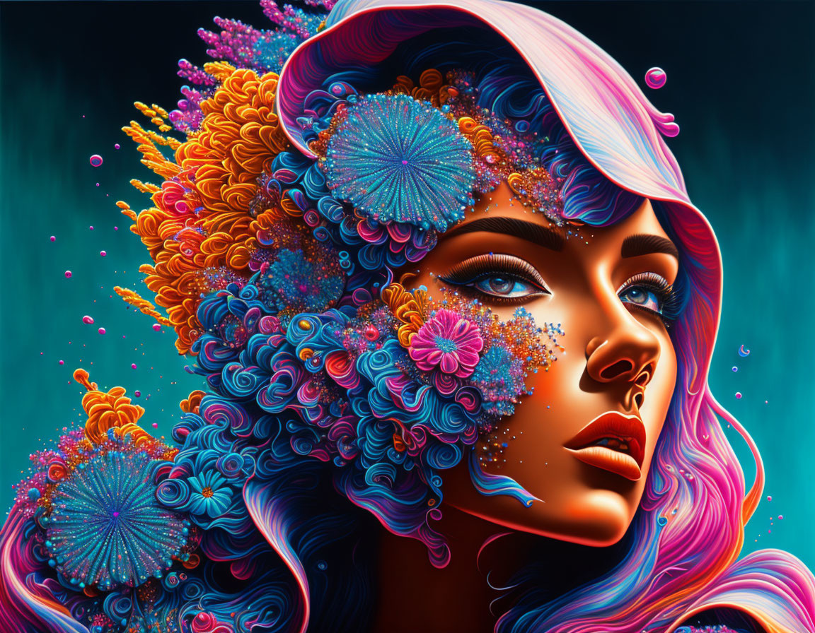 Colorful digital artwork: Woman with flowing hair and coral-like structures
