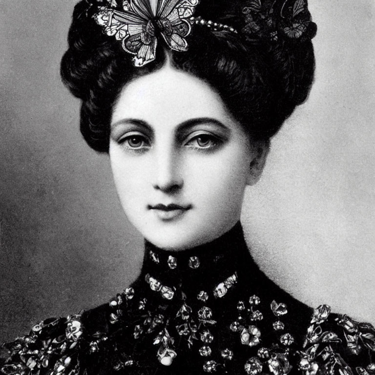 Vintage Black and White Portrait of Woman with Adorned Updo Hairstyle and Floral-Patterned