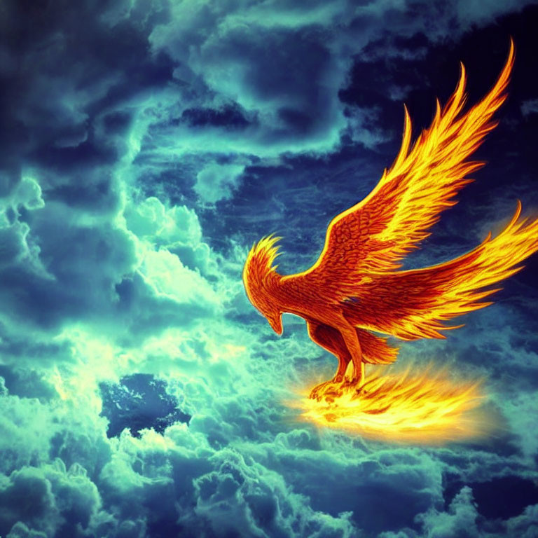 Golden Phoenix Flying Through Turbulent Blue Clouds