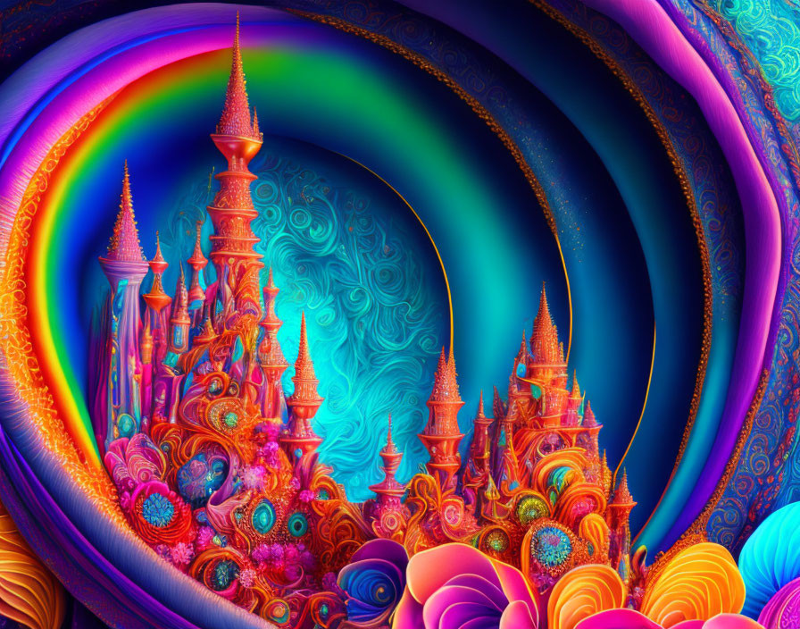 Colorful Psychedelic Image with Fantasy Castles and Fractal Designs
