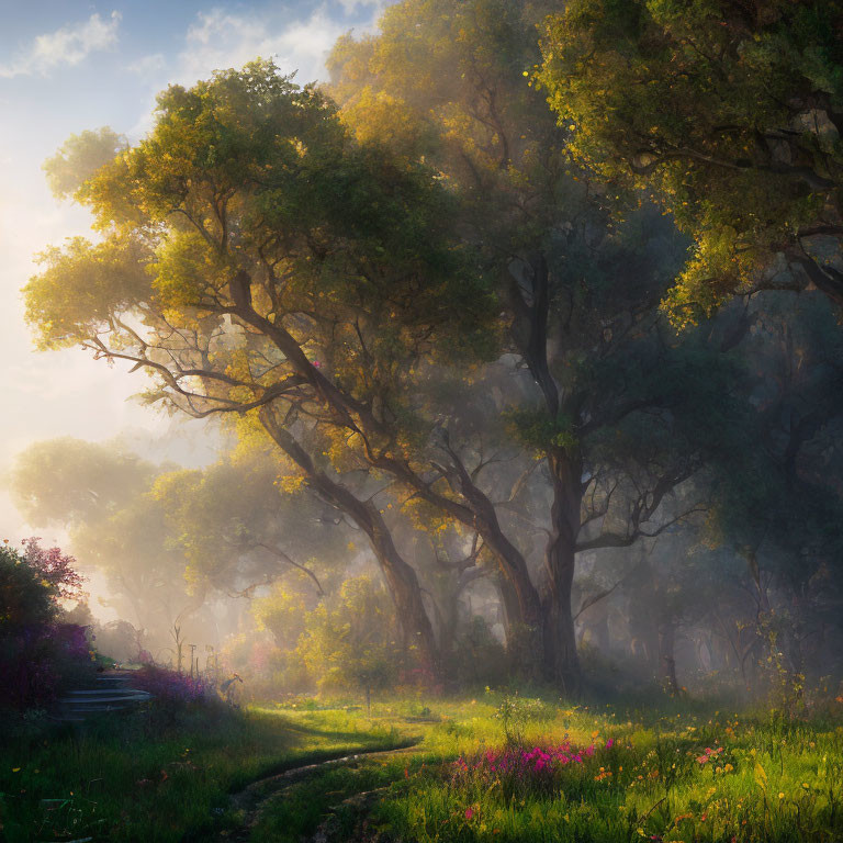 Sunlit forest path with mist and wildflowers