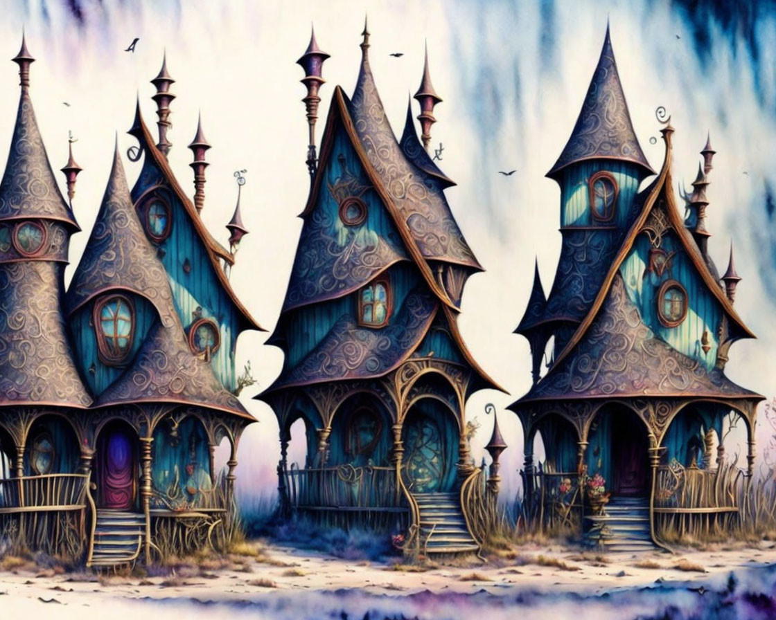 Whimsical fantasy illustration of mystical houses and birds