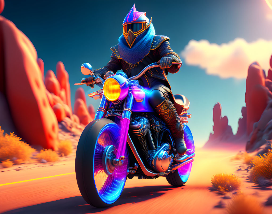 Futuristic knight on motorcycle in desert at sunset