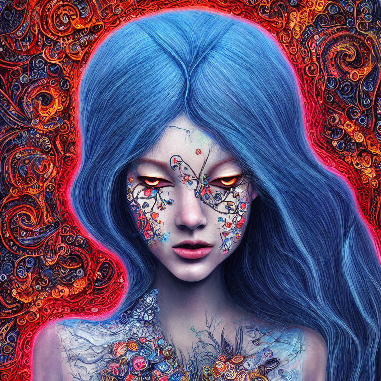 Vivid surreal portrait of female figure with blue hair and red eyes