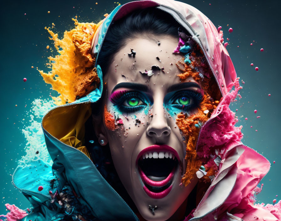 Woman with dramatic makeup surrounded by colorful paint splashes on dark background