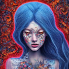 Vibrant digital art: Woman with blue hair and leafy tattoos in fiery red backdrop
