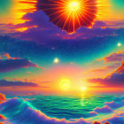 Colorful digital artwork: surreal sunset with multiple suns, neon waves, and stars in orange-t