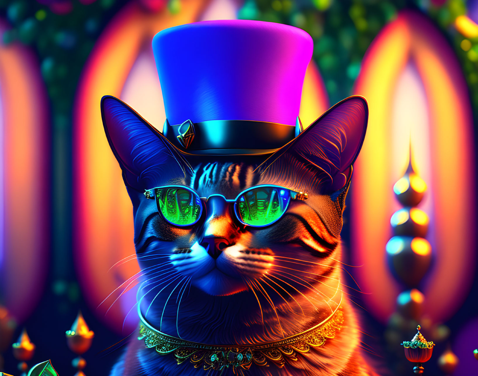 Colorful digital artwork: Cat in glasses, top hat, and necklace on ornate background
