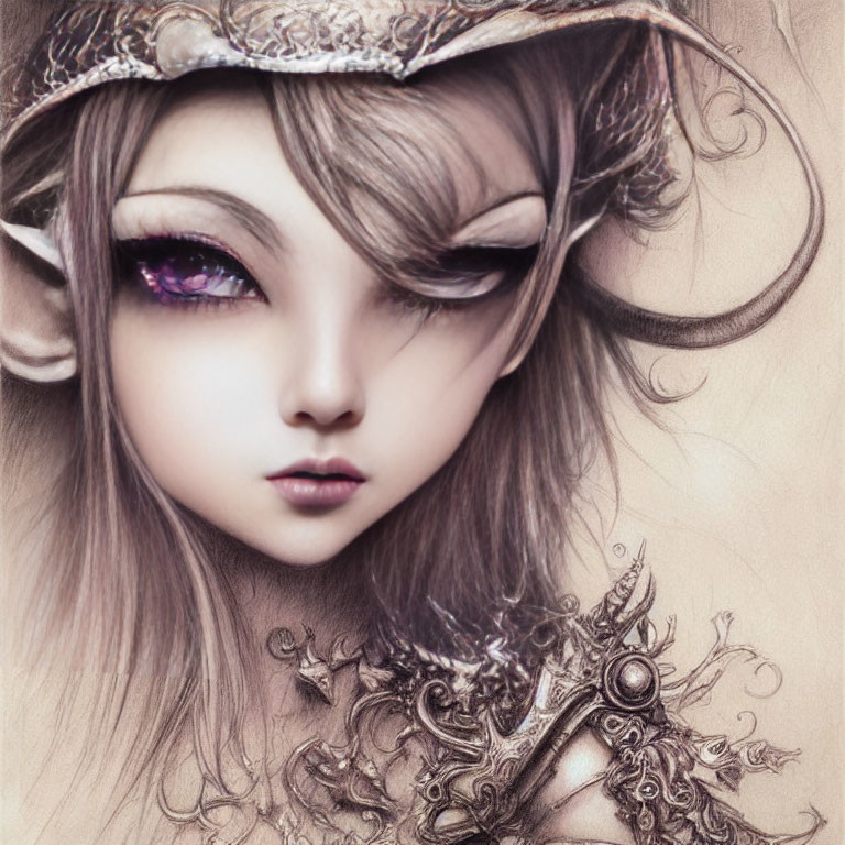 Fantasy Illustration of Female Character with Horns and Purple Eyes