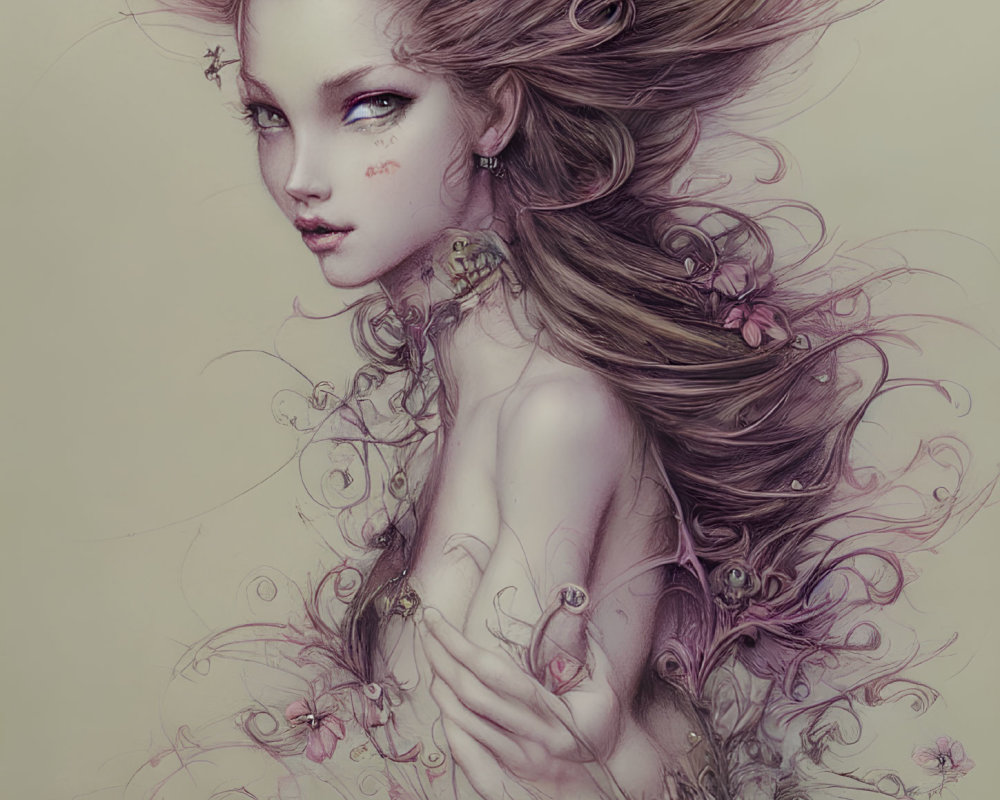 Fantasy illustration: Female with voluminous hair, floral adornments, and intricate facial tattoos