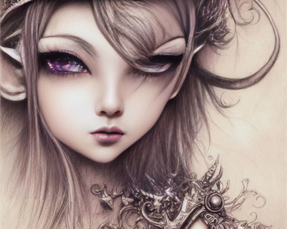 Fantasy Illustration of Female Character with Horns and Purple Eyes
