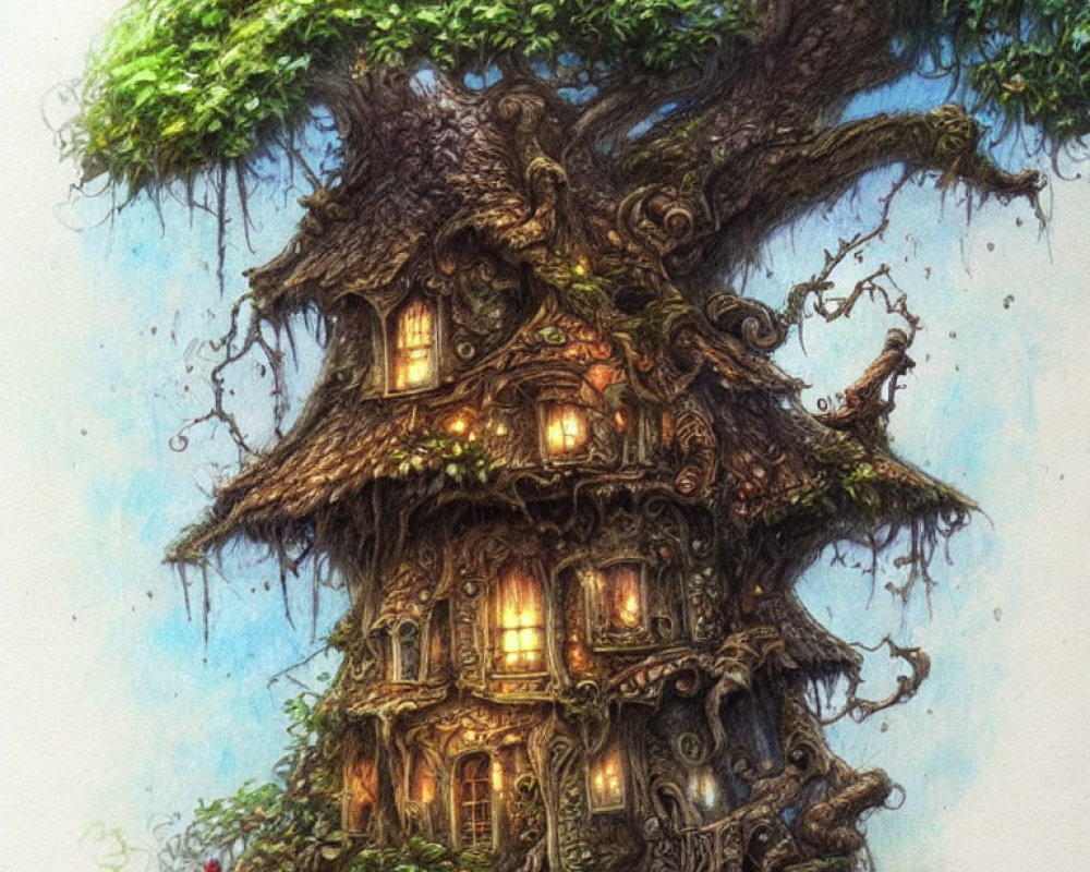 Detailed illustration of a glowing treehouse with intricate woodwork