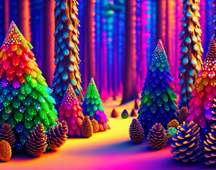 Colorful Textured Miniature Forest Under Neon Lighting with Pine Cones