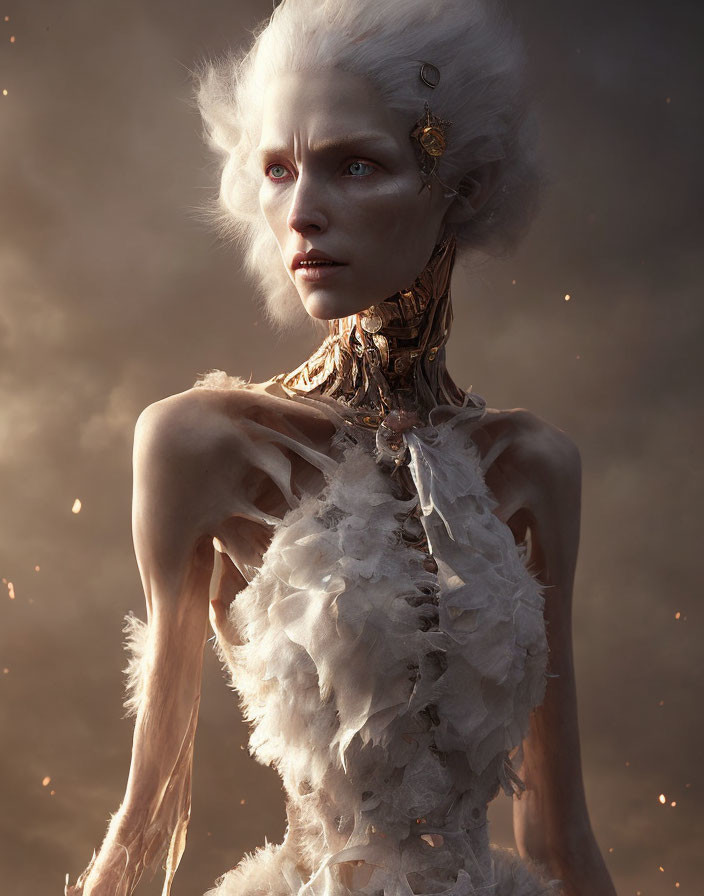 Platinum White-Haired Figure in Feathered Dress with Blue Eyes and Gold Armor