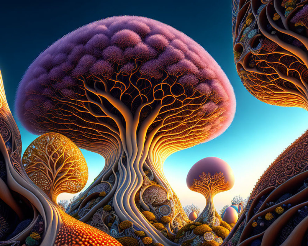 Vibrant surreal landscape with tree-like structures and mushroom canopies on blue sky.