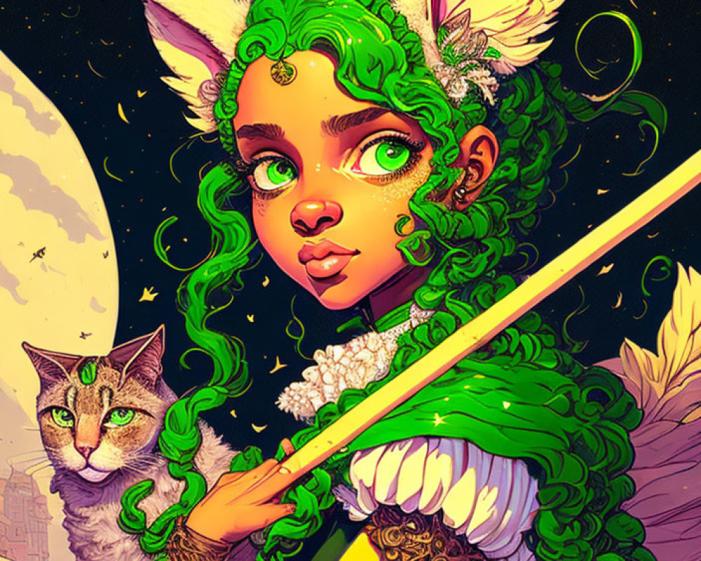 Fantasy illustration of girl with green hair, fox ears, arrow, cat, moon & starry