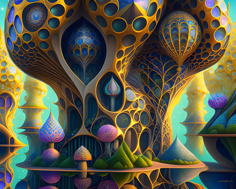 Colorful surreal landscape with mushroom-like structures and geometric backdrop