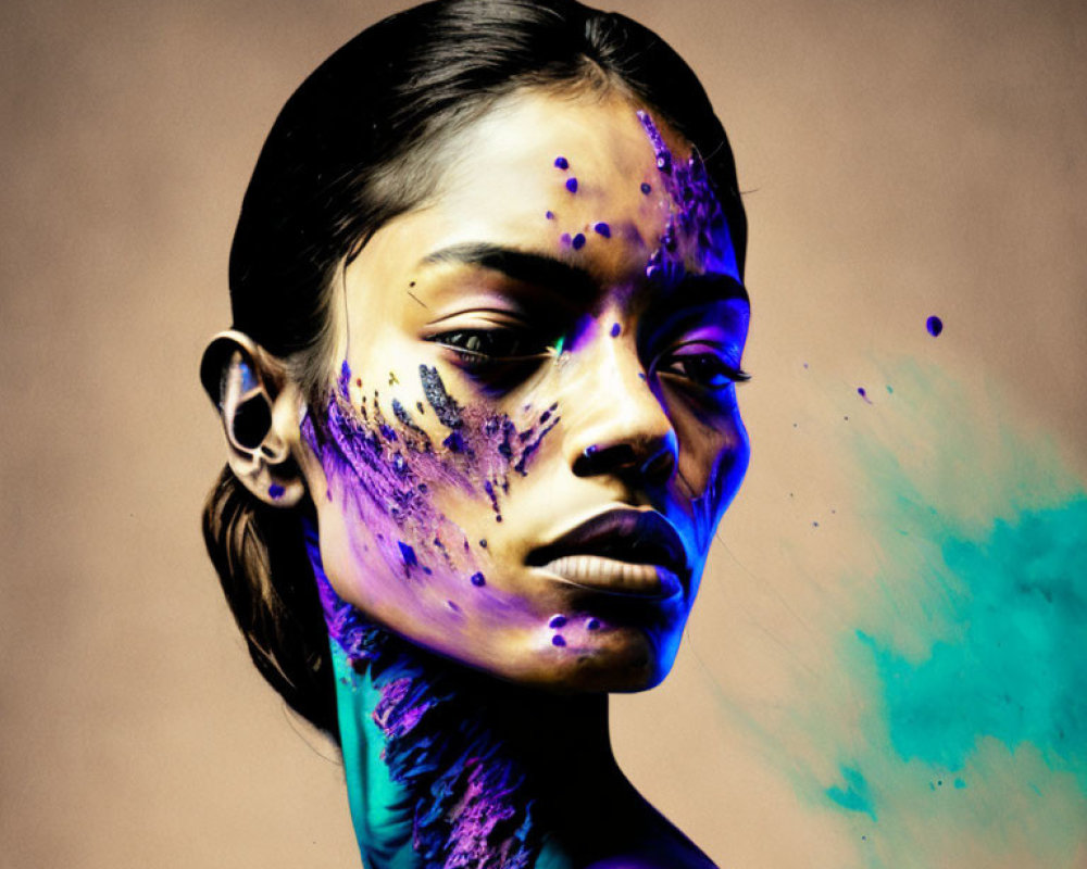 Colorful Paint Splashes Adorn Woman's Portrait on Tan Background