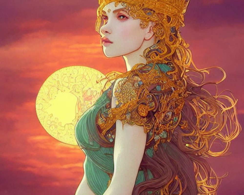 Illustrated maiden with golden crown in twilight scenery
