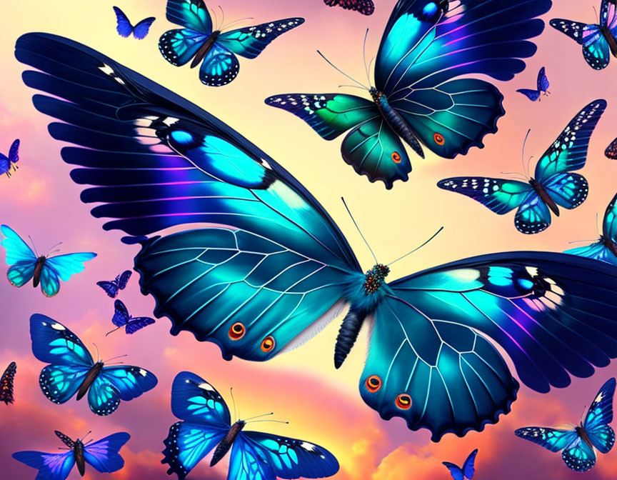 Colorful digital illustration: Blue butterflies in sunset sky