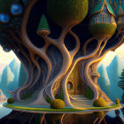 Colorful whimsical artwork of fantastical tree in lush landscape