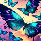Colorful digital illustration: Blue butterflies in sunset sky