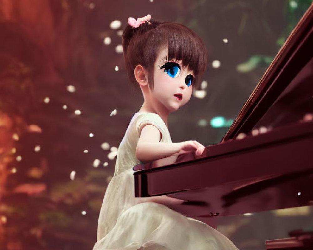 Young girl with pink hair clip at grand piano surrounded by golden leaves in white dress