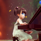 Young girl with pink hair clip at grand piano surrounded by golden leaves in white dress