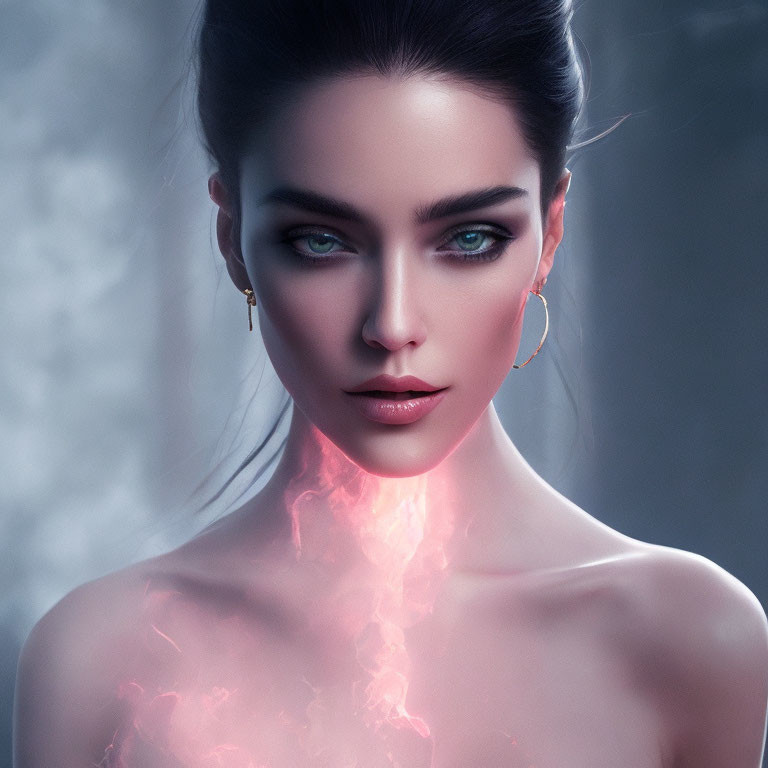 Digital artwork: Woman with glowing energy, green eyes, dark hair, elegant earrings