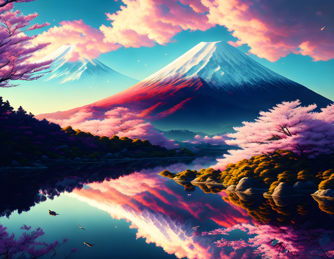 Scenic view of snow-capped Mount Fuji, cherry blossom trees, and serene lake at sunrise